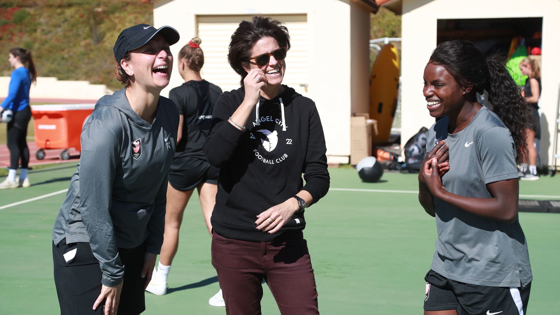 From left: Angel City head coach Freya Coombe, co-founder and president Julie Uhrman, and sporting director Eniola Aluko.