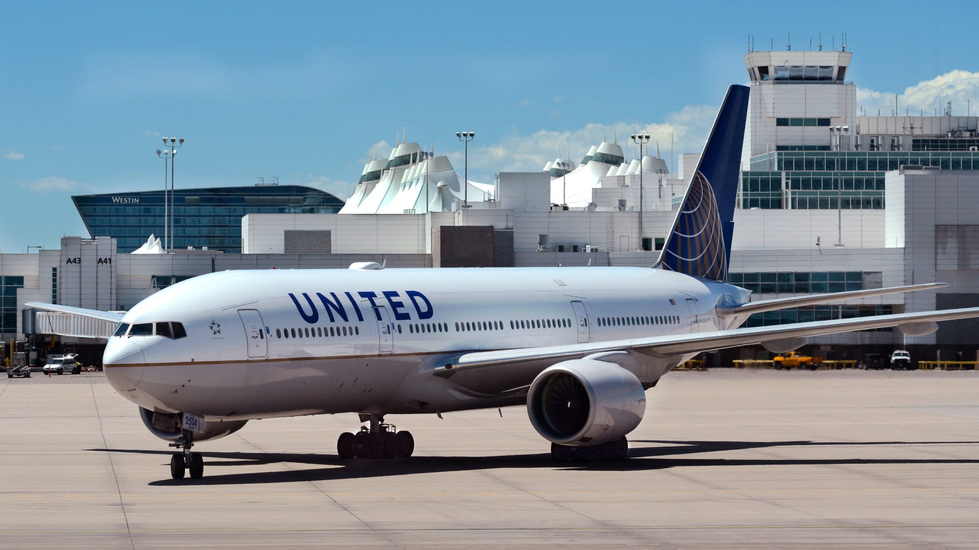 A United Airlines passenger plane taxis at Denver International Airport.