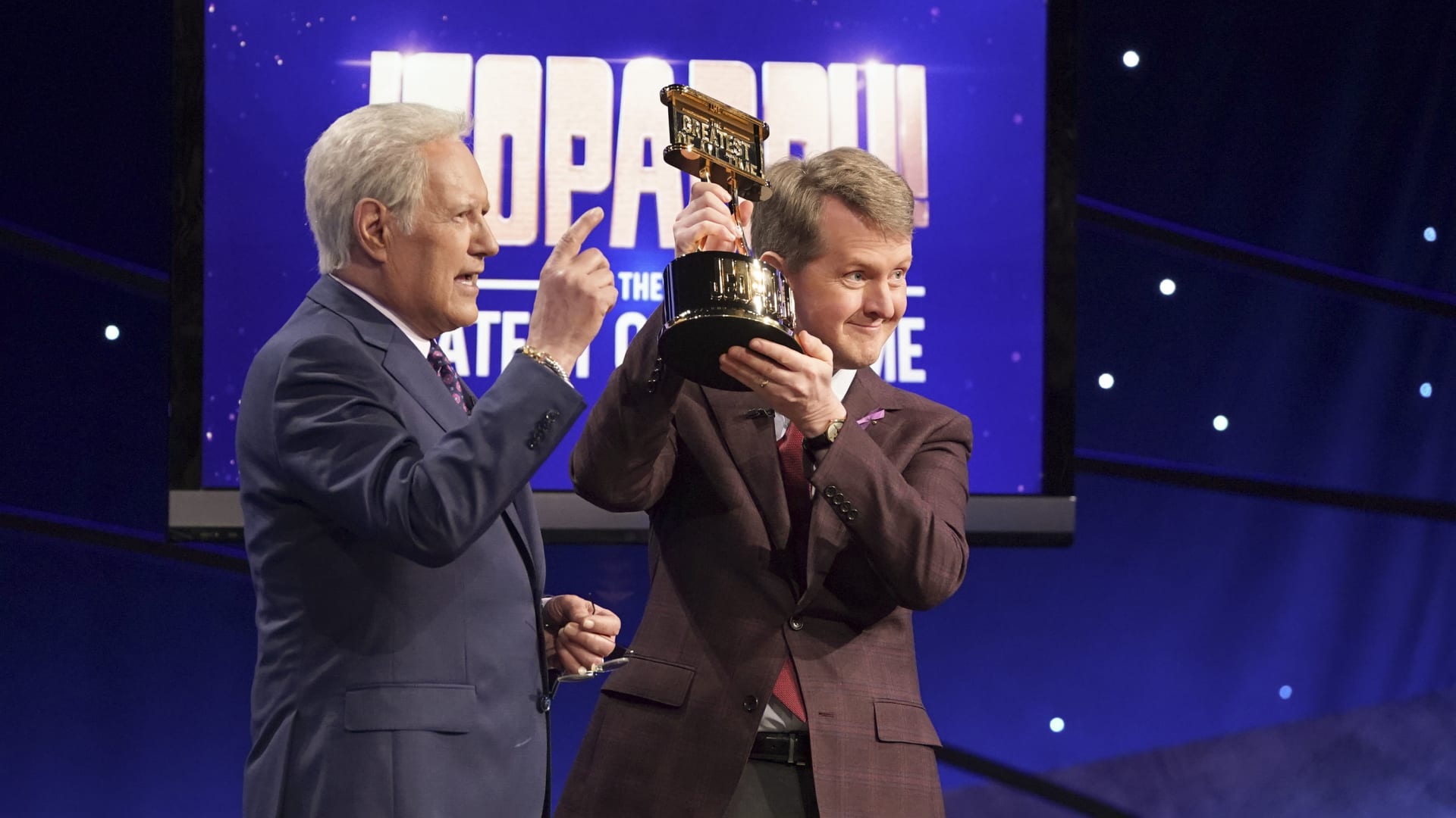 Alex Trebek and Ken Jennings on the set of "Jeopardy!"