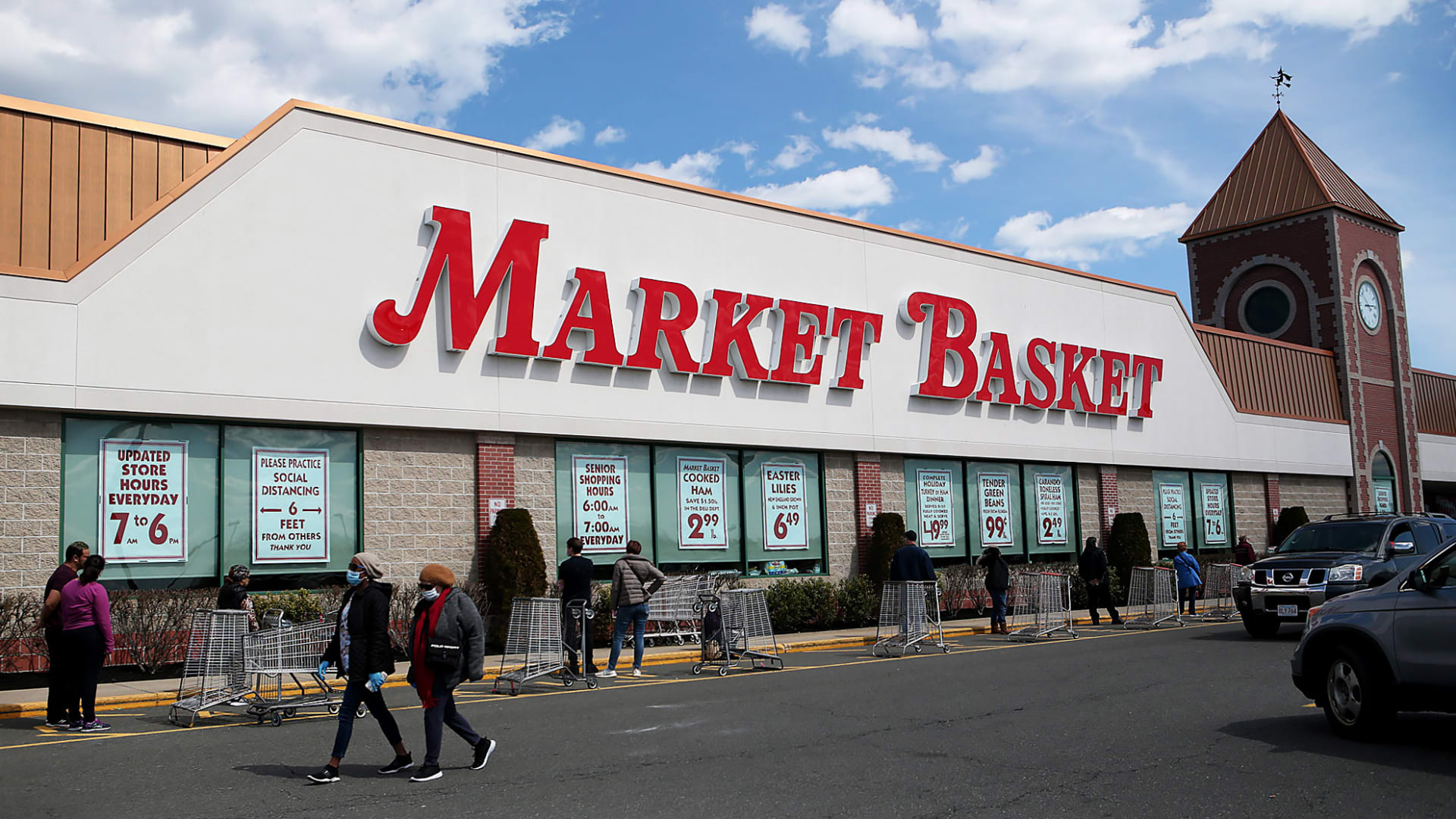 Shoppers line up at the Market Basket on April 7, 2020 in Salem, MA.