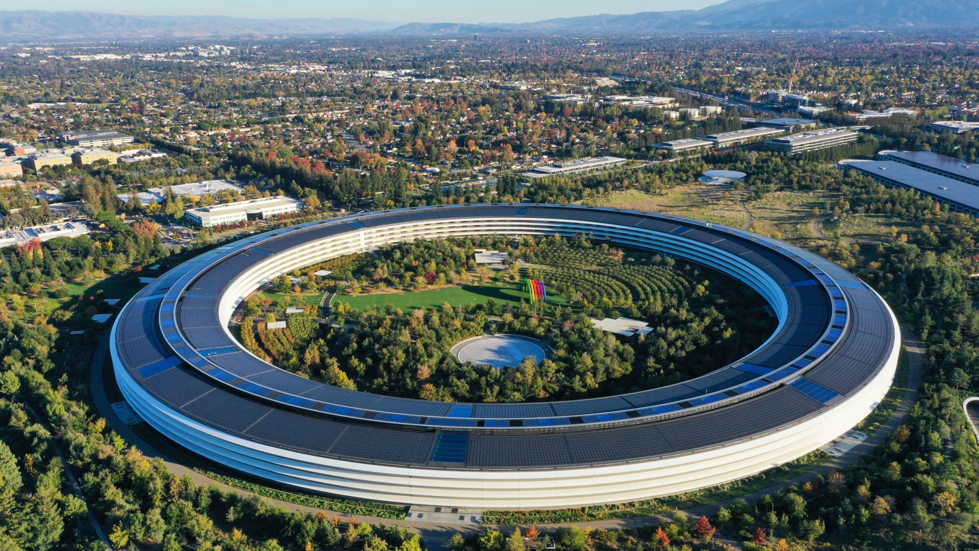 An aerial view of Apple Park in Cupertino, California.