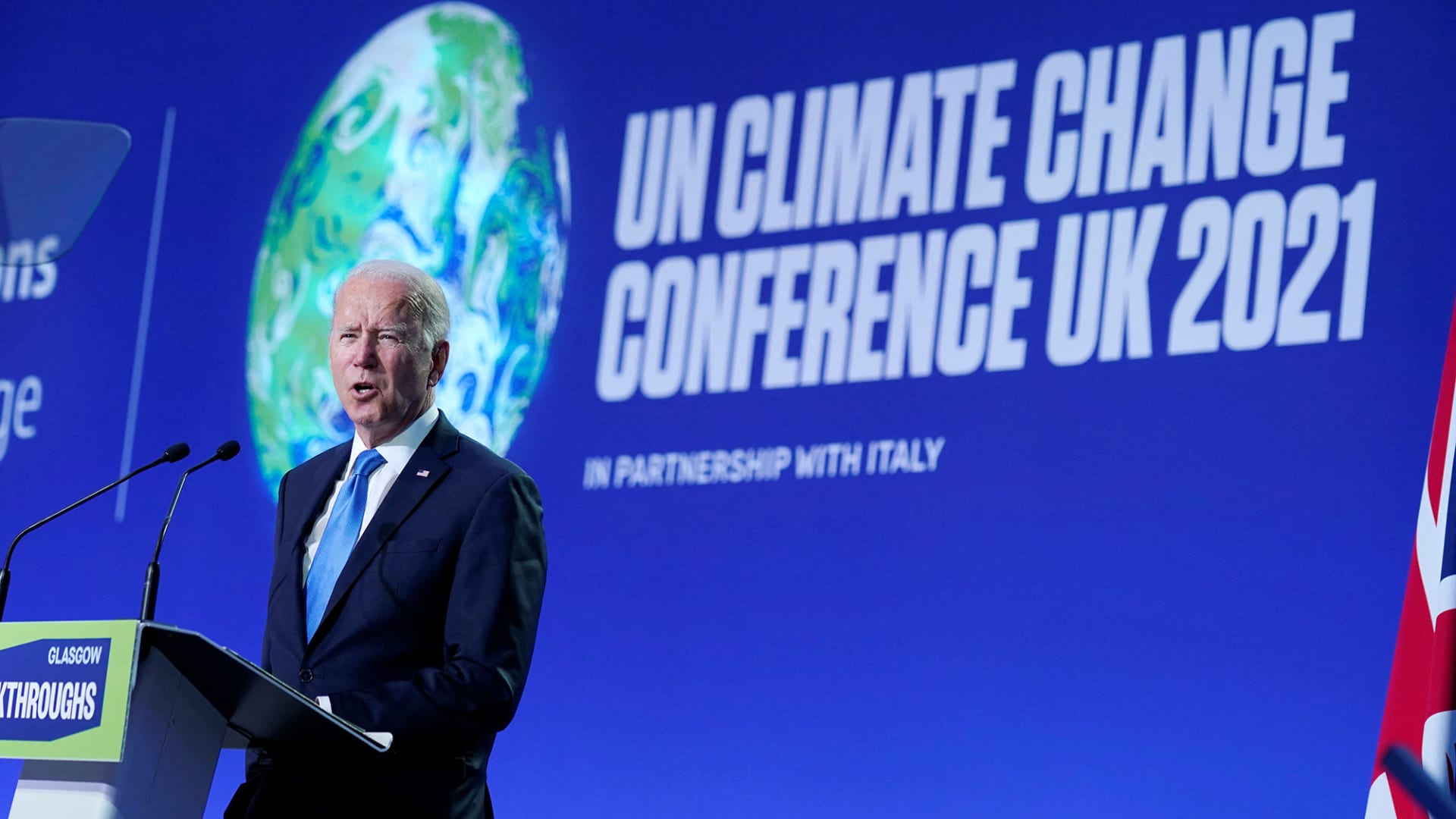 President Joe Biden delivers a speech as part of the COP26 UN Climate Change Conference in Glasgow, Scotland, on November 2, 2021.