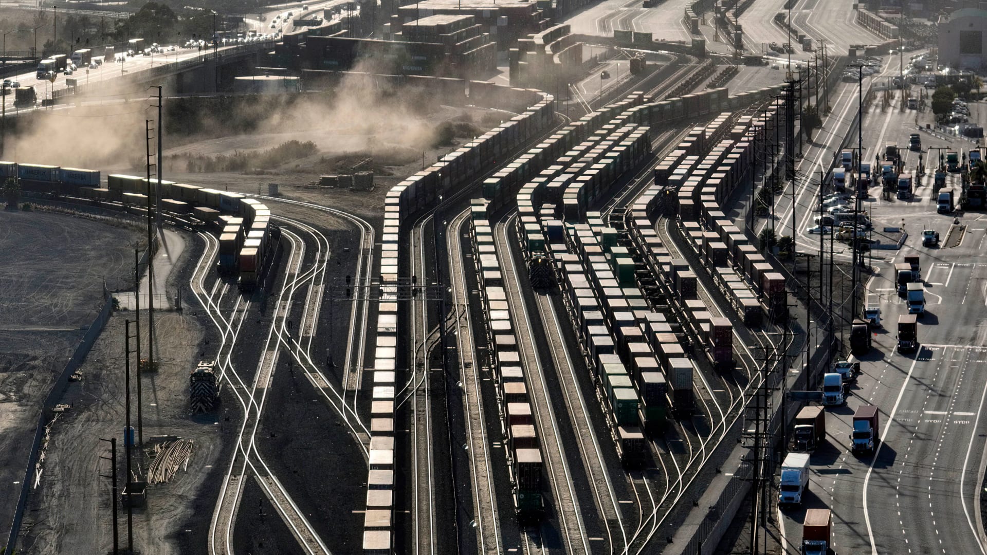 Railcars move containers on Terminal Island in the Port of Los Angeles.