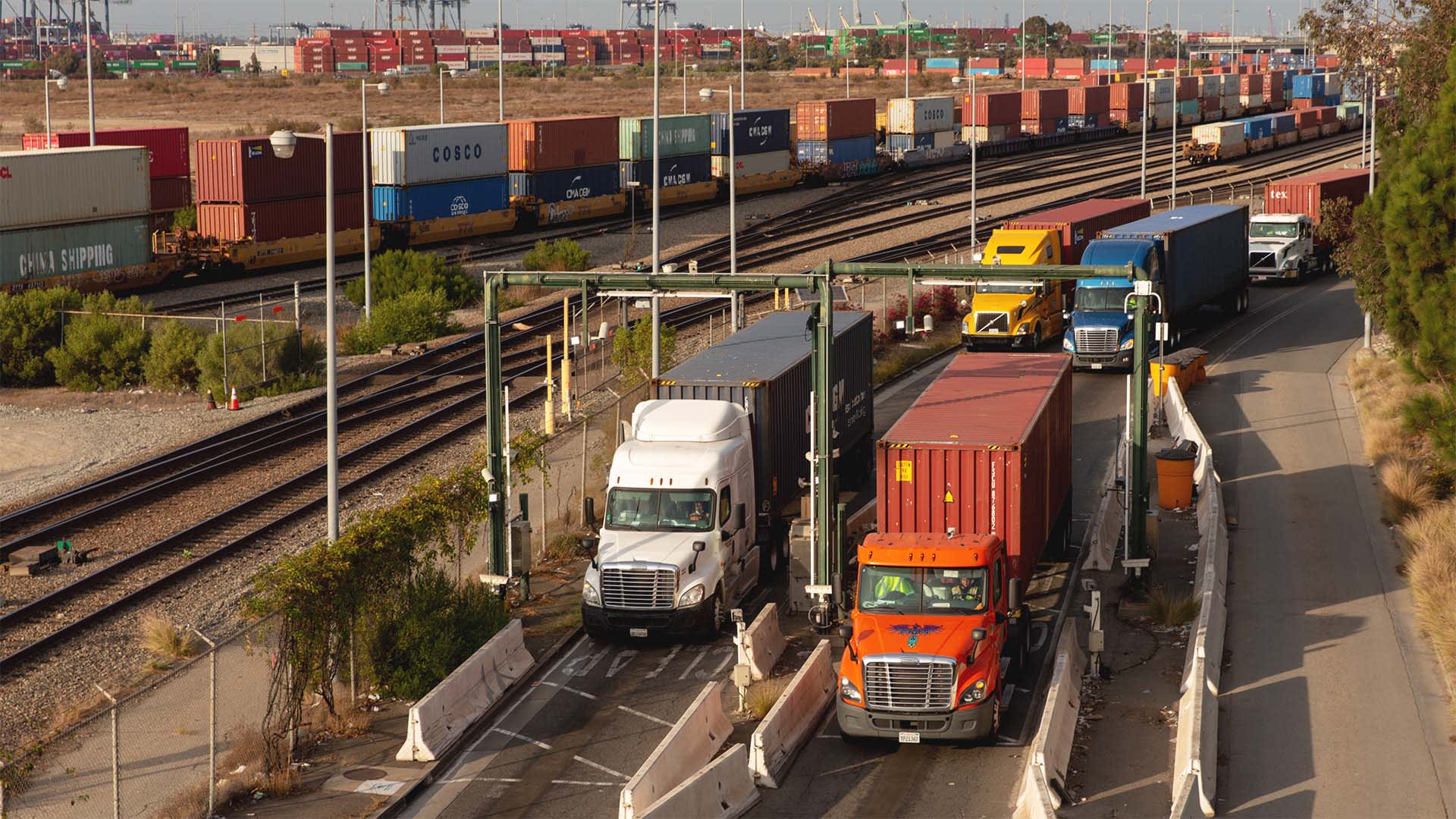 Trucks entering the Port of Los Angeles. 