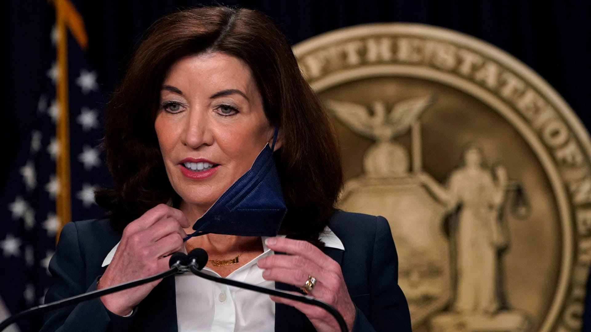 New York Governor Kathy Hochul during a press conference regarding the expiration of the state's indoor mask mandate in New York on February 9, 2022.
