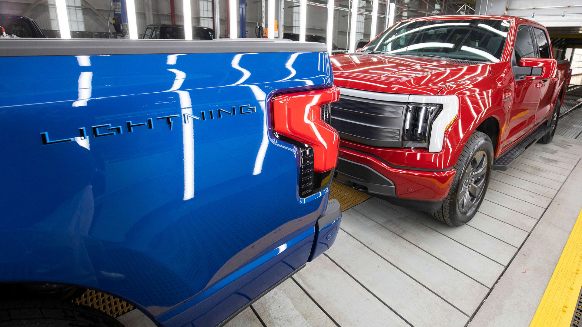 Ford F-150 Lightning trucks at the Ford Rouge Electric Vehicle Center in Dearborn, Michigan.