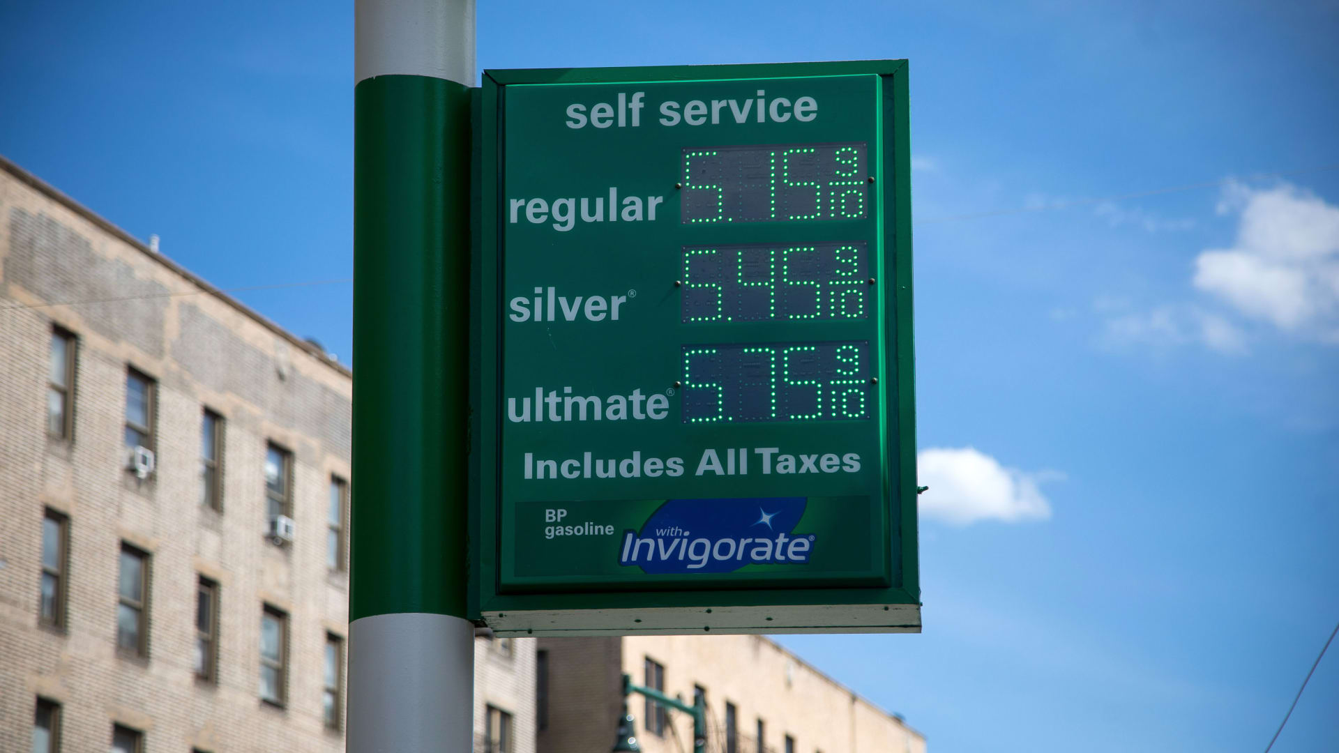 Gas prices are displayed at a gas station in Brooklyn on June 10, 2022.