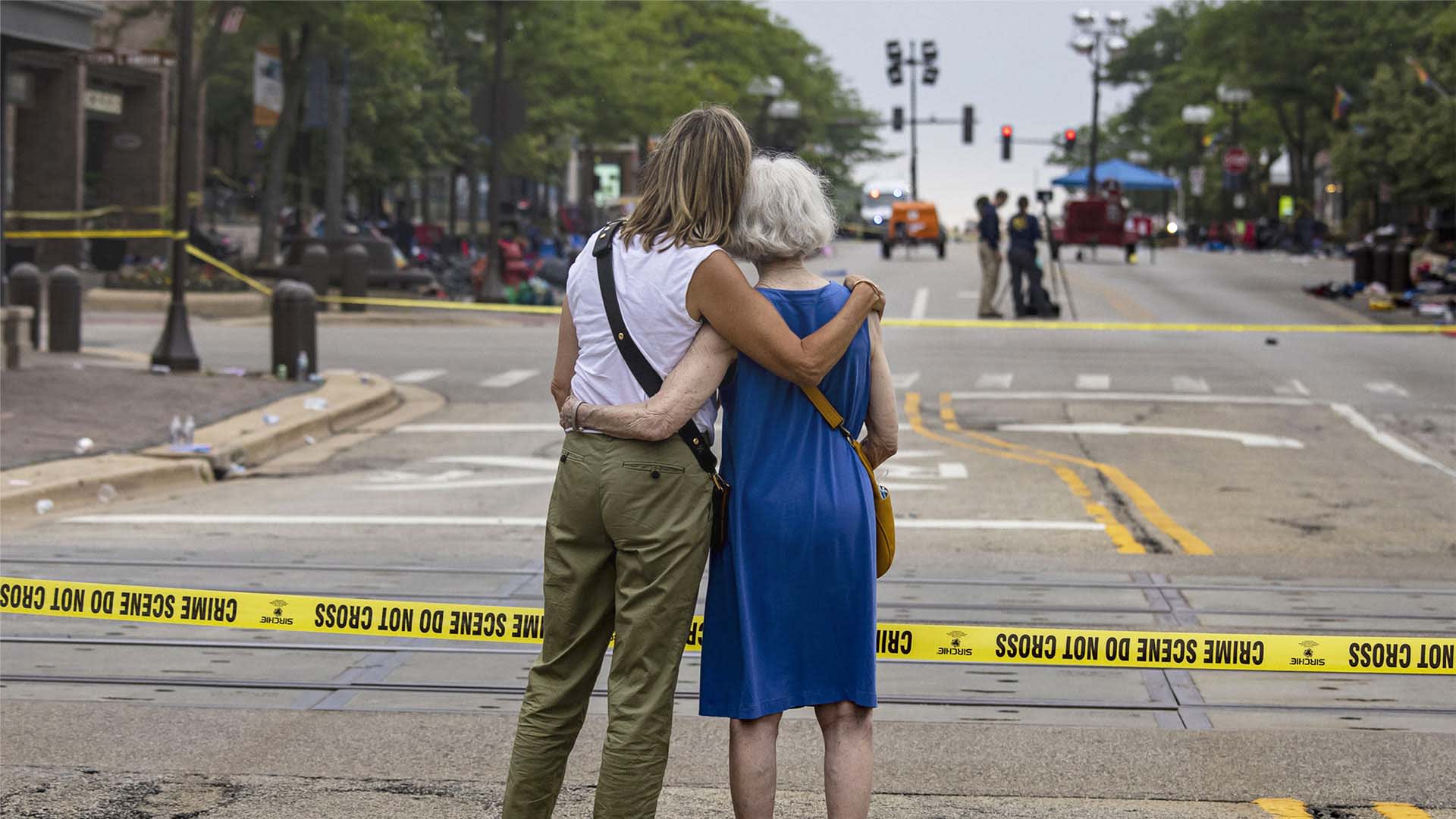 Residents of Highland Park, Illinois, on Central Avenue on Tuesday, July 5, the day after a mass shooting at the Fourth of July parade. 
