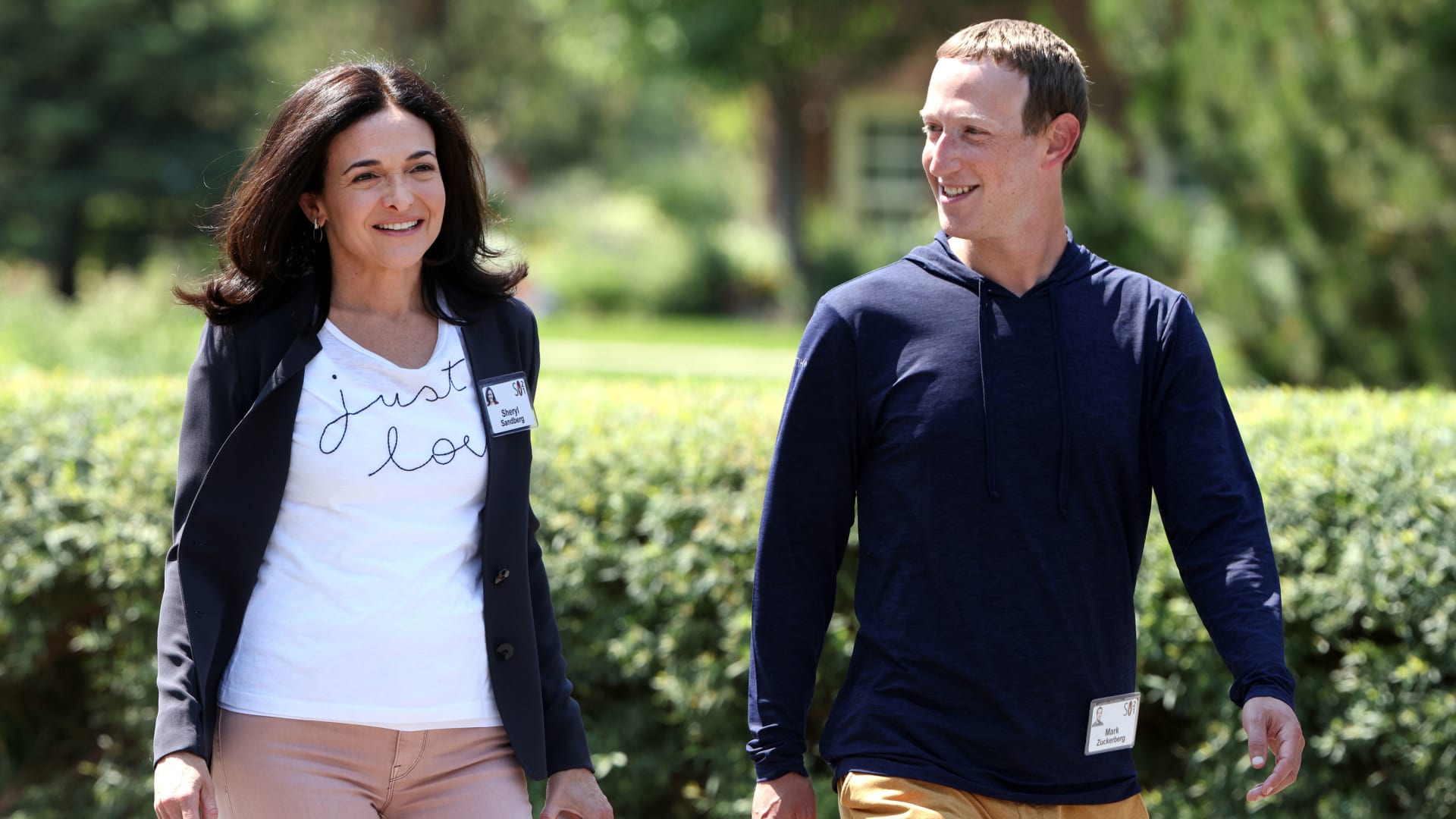 Mark Zuckerberg walks with Sheryl Sandberg in Sun Valley, Idaho.