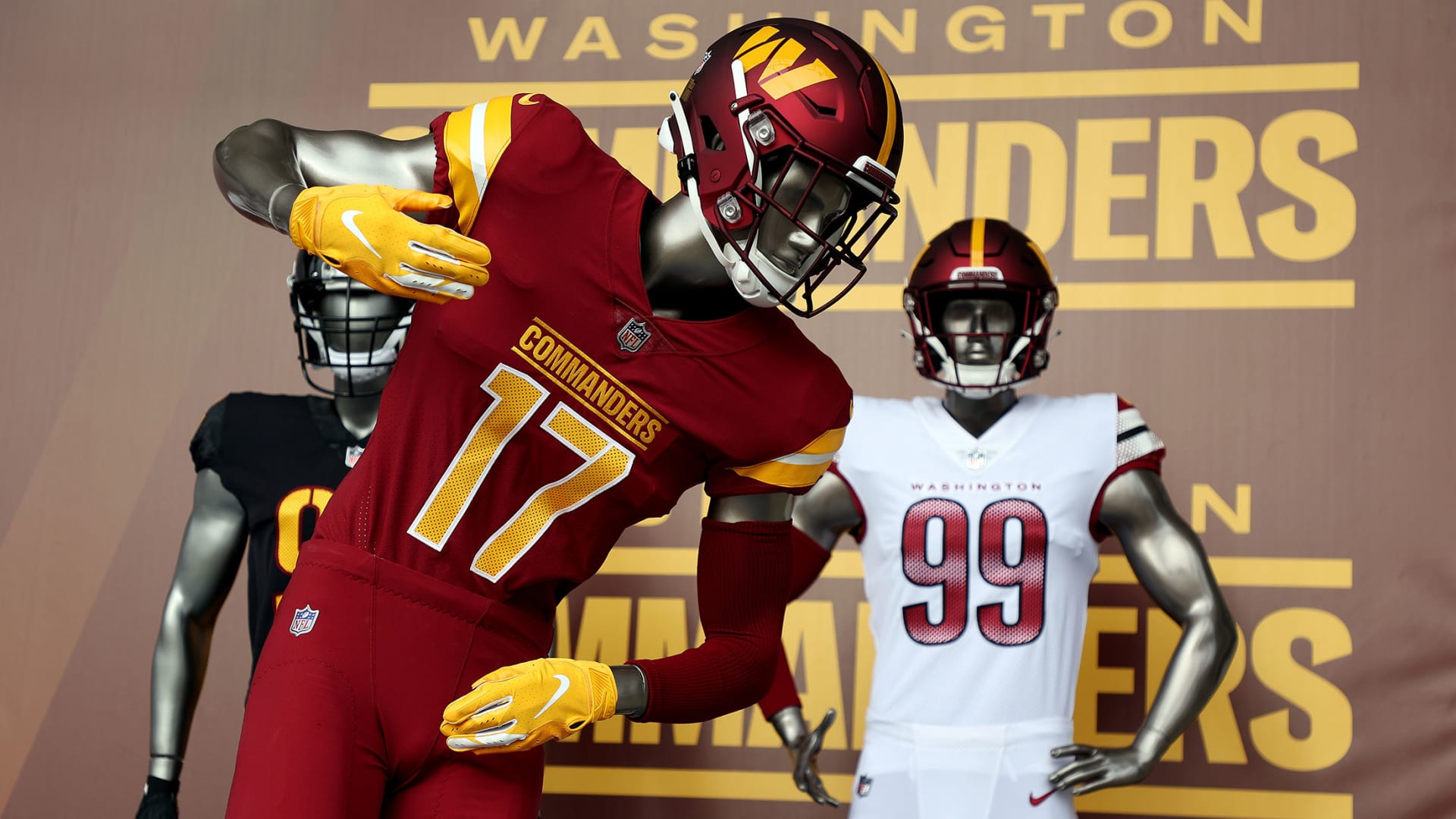 The new Washington Commanders uniforms following the announcement of the Washington Football Team's name change to the Washington Commanders.
