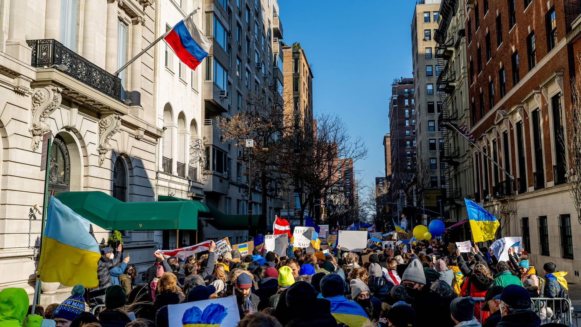 Protesters gather outside the Russian consulate in New York City during a Stand With Ukraine rally on February 27, 2022.