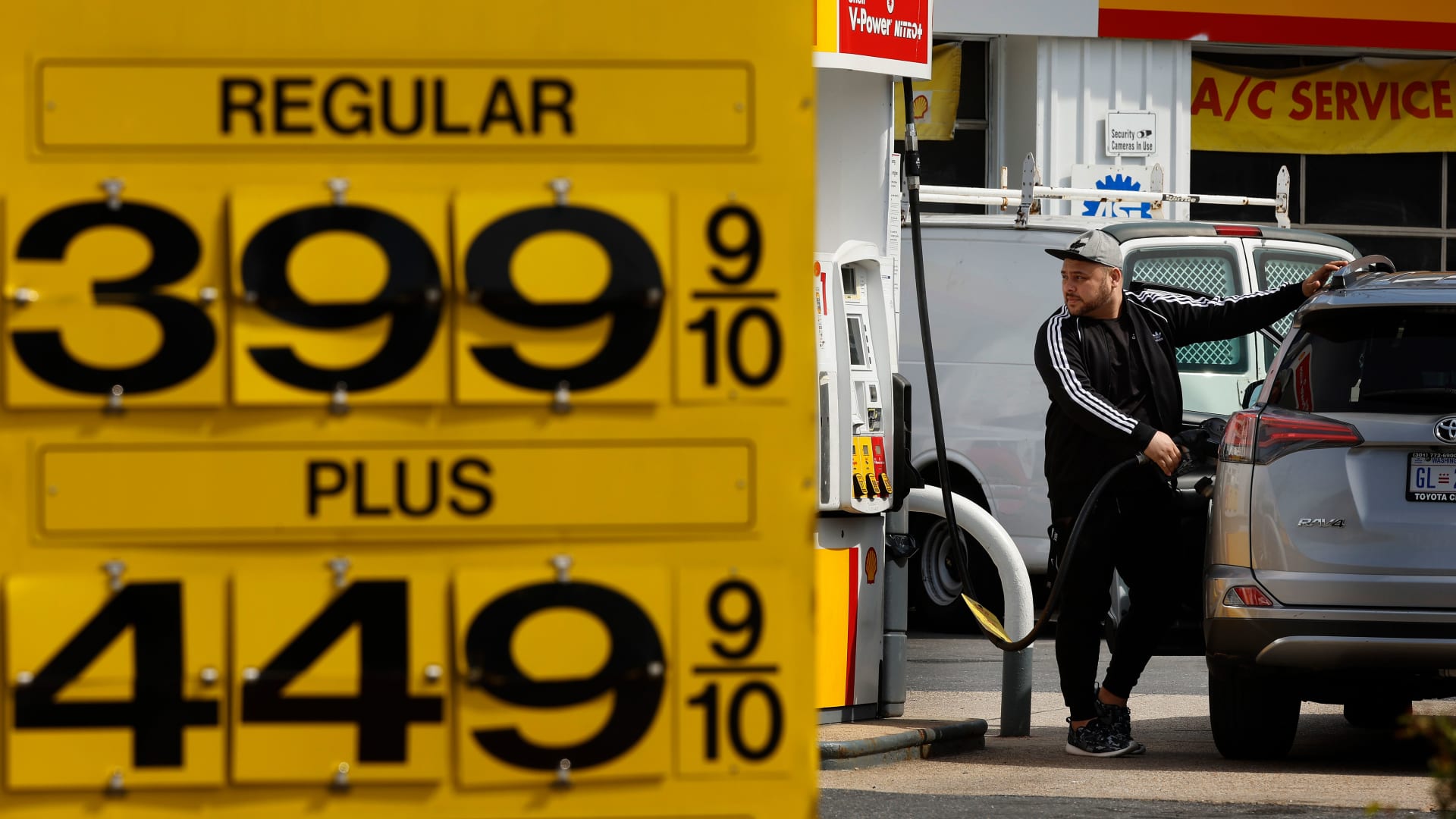 Gasoline prices hover around $4 a gallon on April 11, 2022, in Washington, D.C.