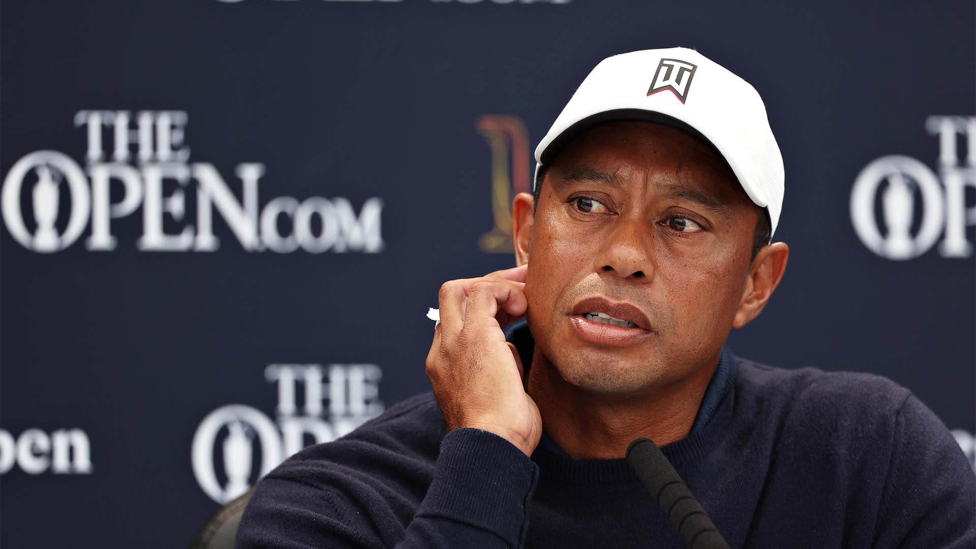 Tiger Woods during an interview at the 150th Open in St Andrews, Scotland.