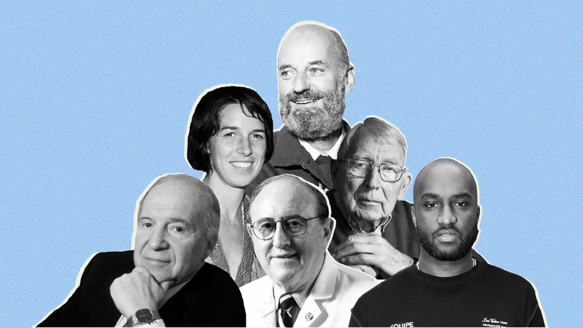 Left to right: Sheldon Adelson, Anne Saxelby, Bernard Lown, Lawrence Ferlinghetti, Lou Ottens, and Virgil Abloh. 