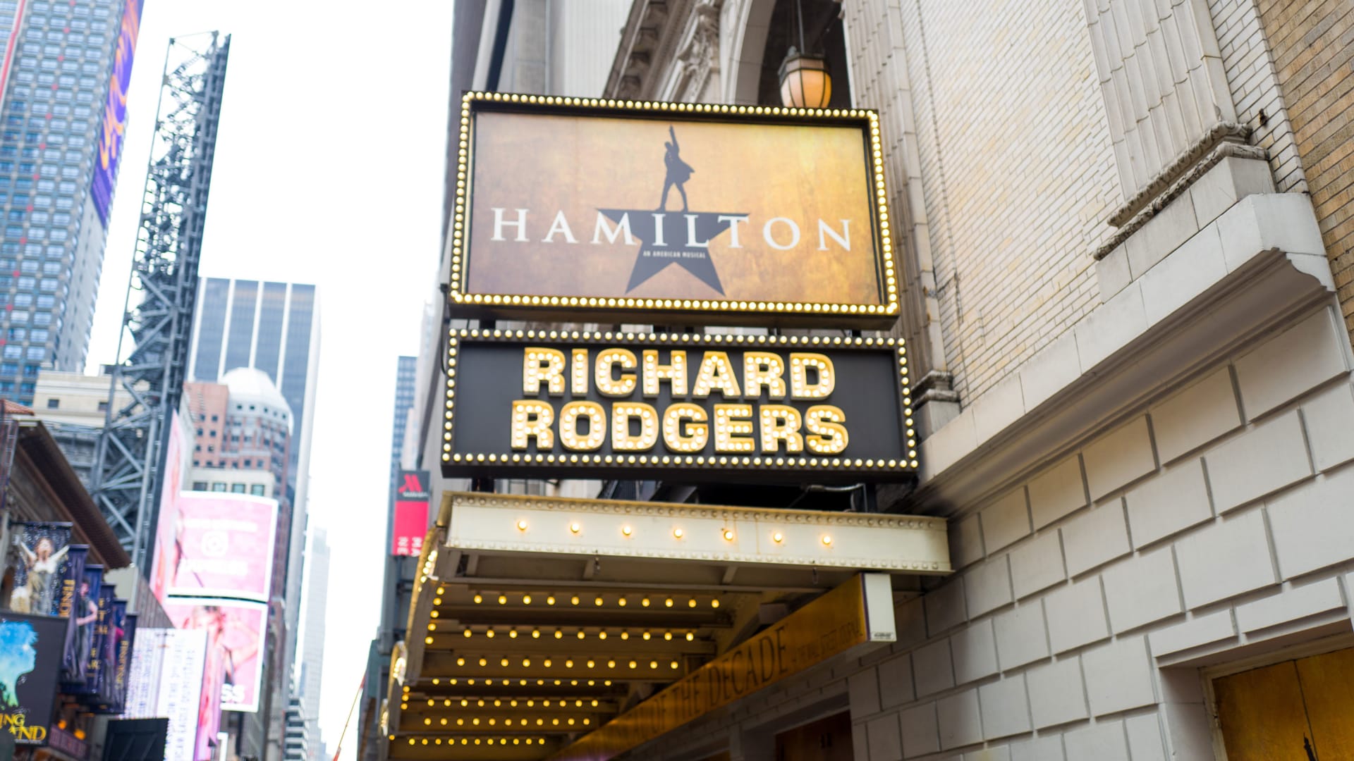 A marquee for the musical 'Hamilton' at the Richard Rodgers theater.