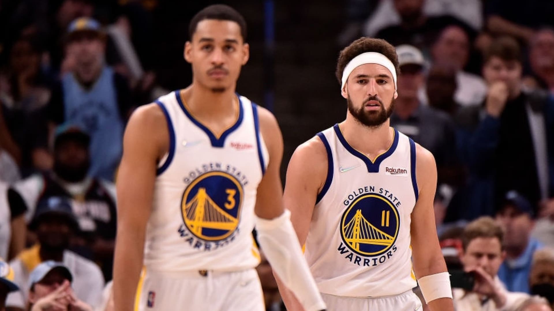 Jordan Poole and Klay Thompson of the Golden State Warriors.