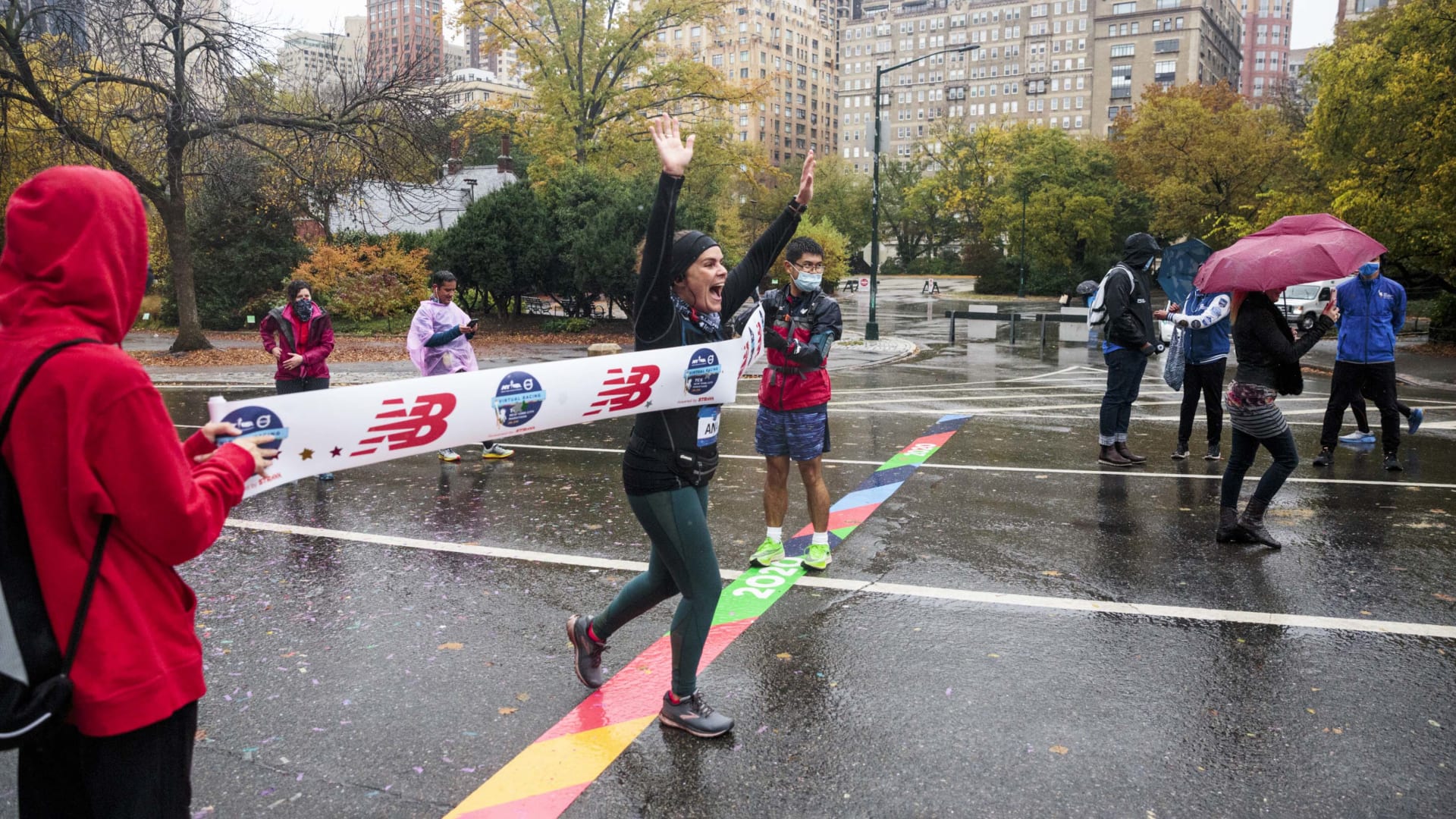 A touch of realism is added wi​th a tape across what would ha​ve been, if not for its cancel​lation, the Central Park finish line of the​ 2020 New York City Marathon.
