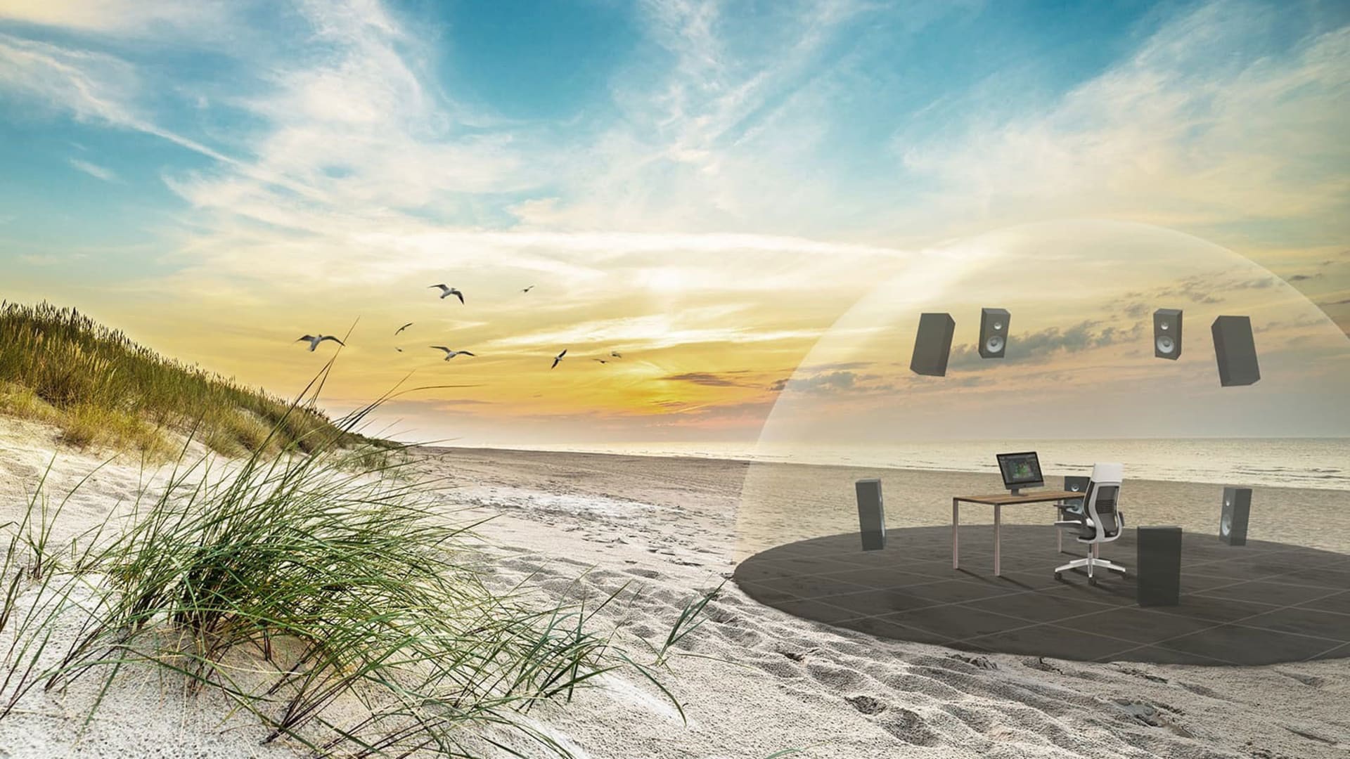 Immersive sound can transport a worker sitting at their desk to the beach or other relaxing landscapes.